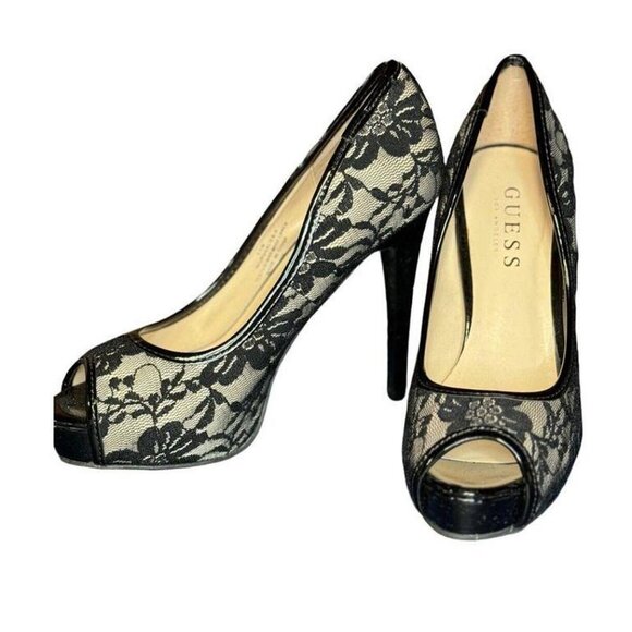Guess black lace peep toe pumps - Picture 1 of 12